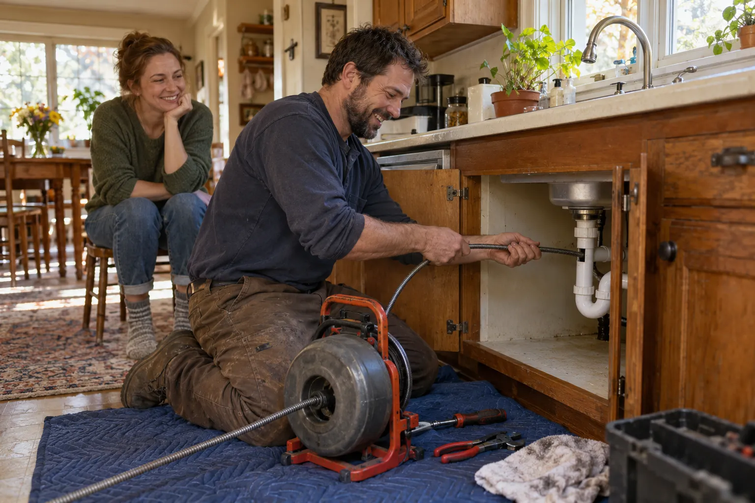 A friendly local provider clearing a kitchen sink drain in a Des Moines home