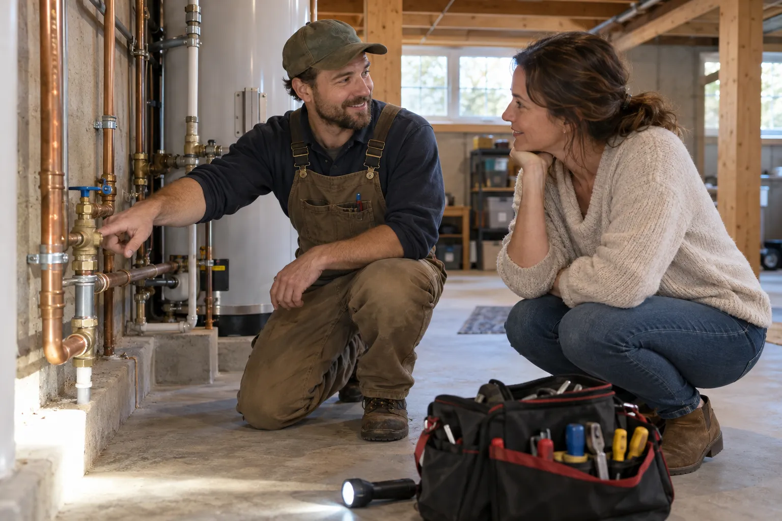 A friendly local plumbing provider helping a homeowner in Des Moines check a pipe under a kitchen sink