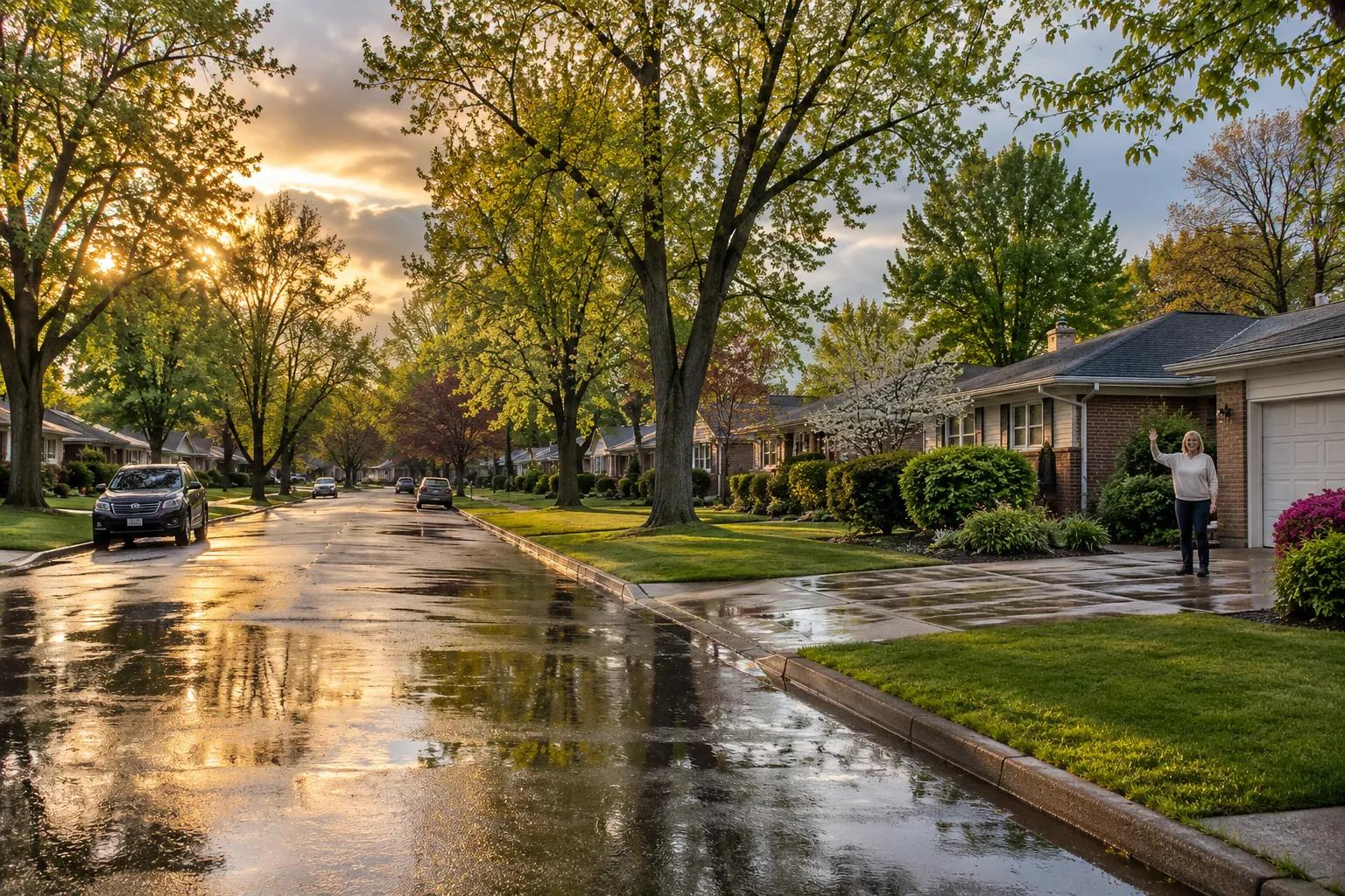 A quiet residential street in the Des Moines area with bungalows and ranch homes
