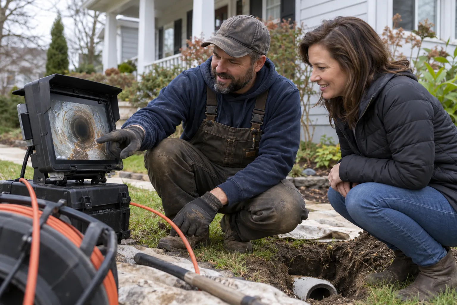 A local sewer line provider reviewing a camera inspection screen with a homeowner near a house in the Des Moines area